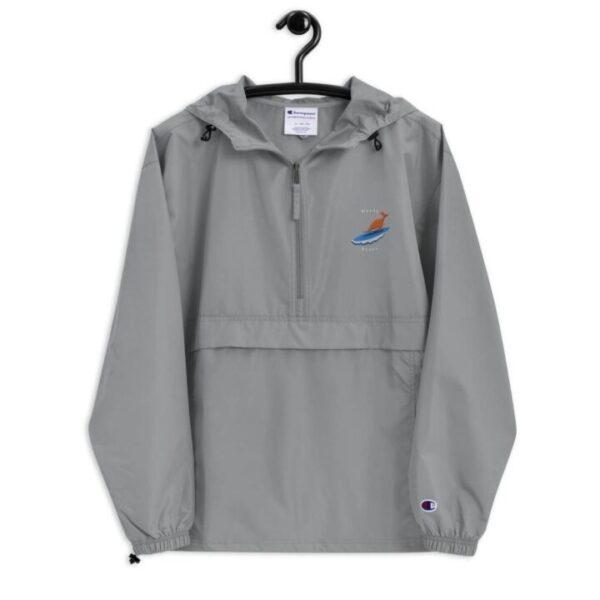 Kangaroo surfing on surf board in Manly Beach Sydney Unisex Hoodie Embroidered Champion Packable Jacket - Image 4