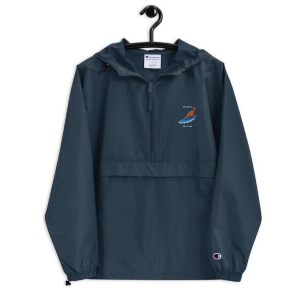 Kangaroo surfing on surf board in Manly Beach Sydney Unisex Hoodie Embroidered Champion Packable Jacket - Image 3